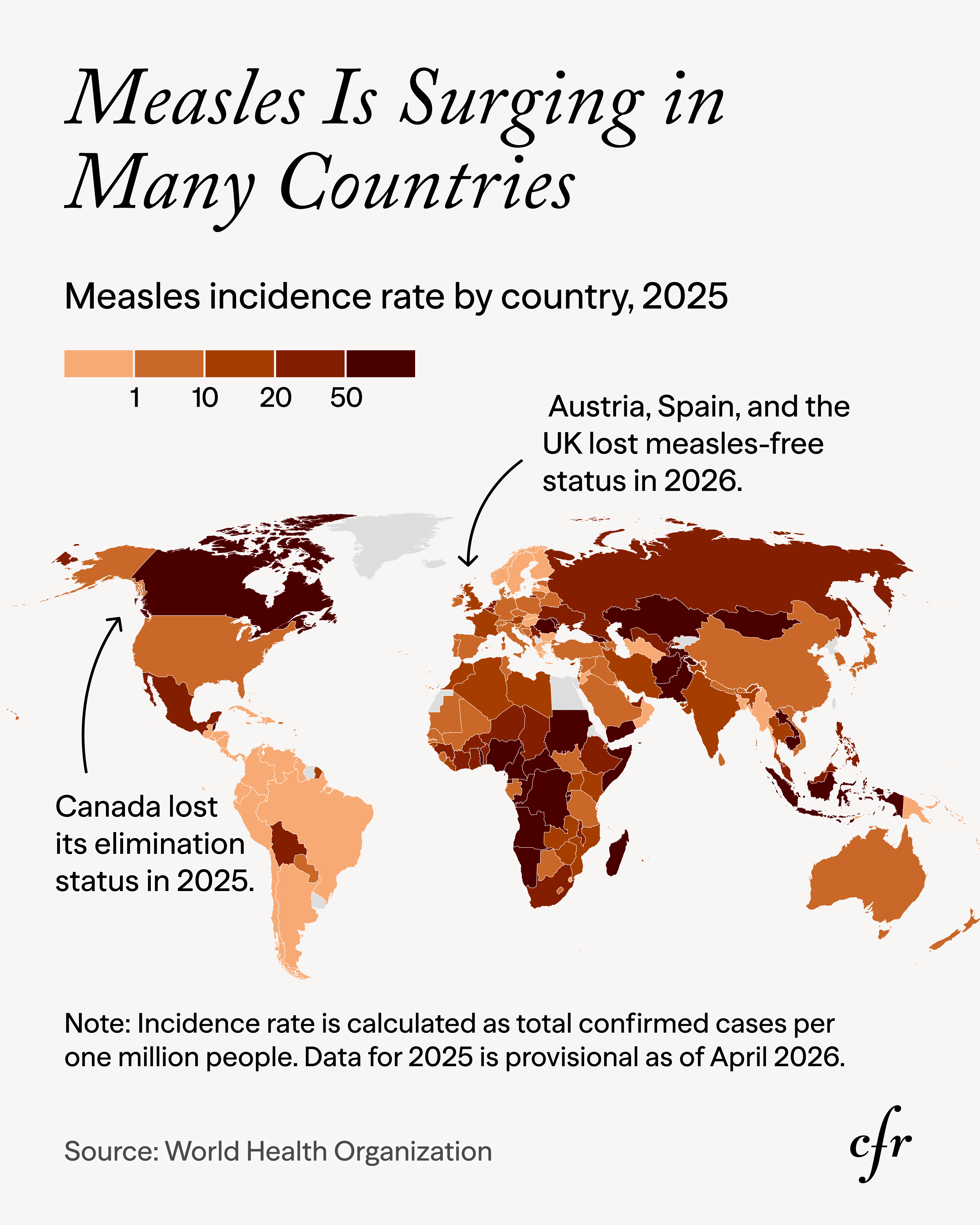 Choropleth map of measles incidence by country in 2025, adapted for social media